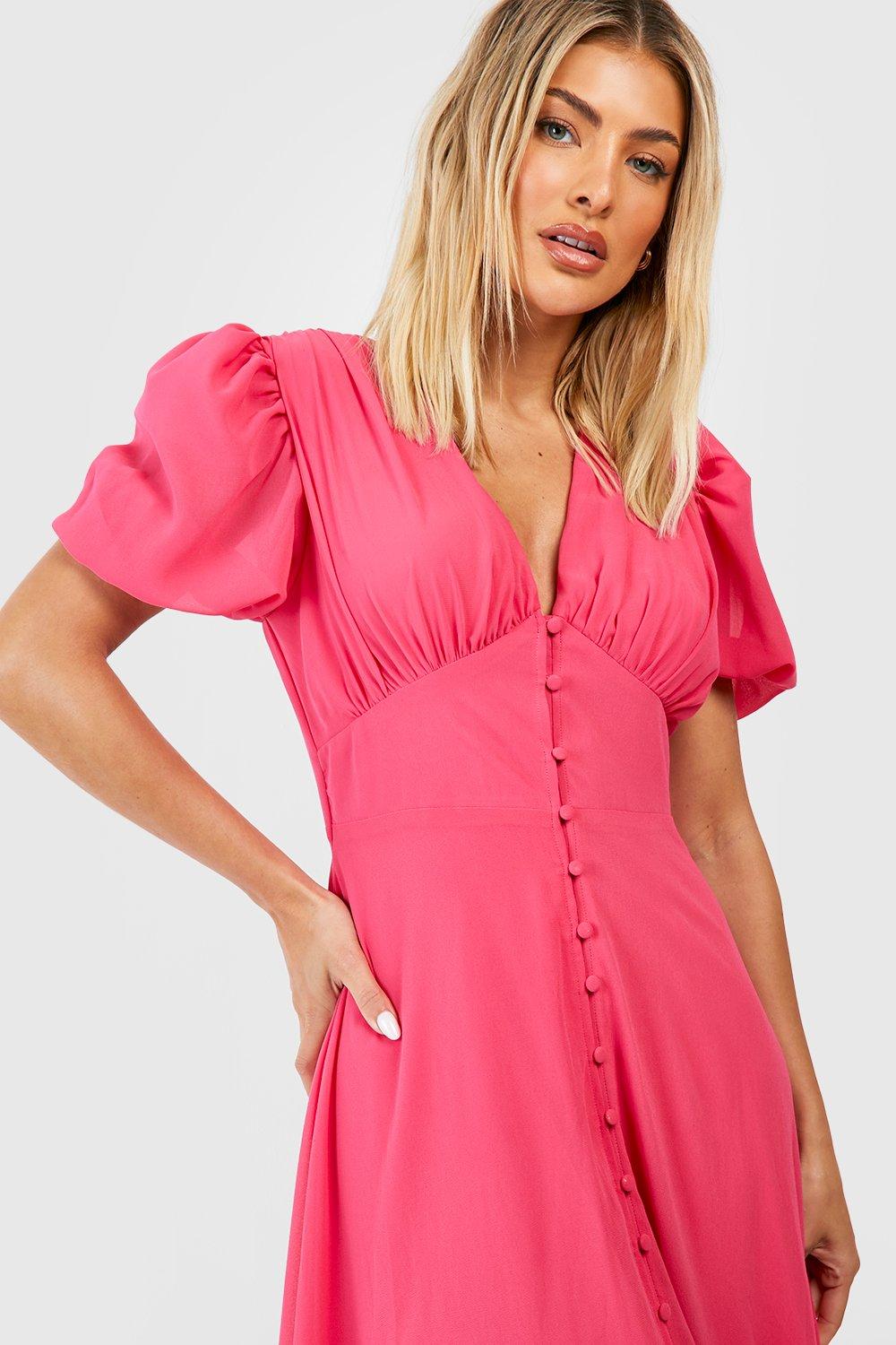 Puff Sleeve Button Through Midi Dress boohoo NO